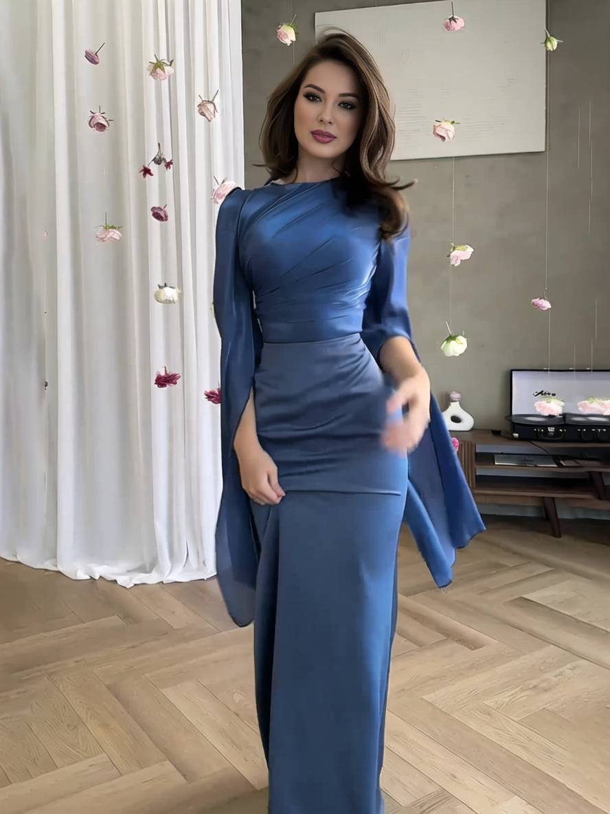 R&B | Langes Satin Kleid Enger Runder Ausschnitt Gesplittete Ärmel Lange Ärmel Damen Elegant Abend Ball Prom Zeremonie