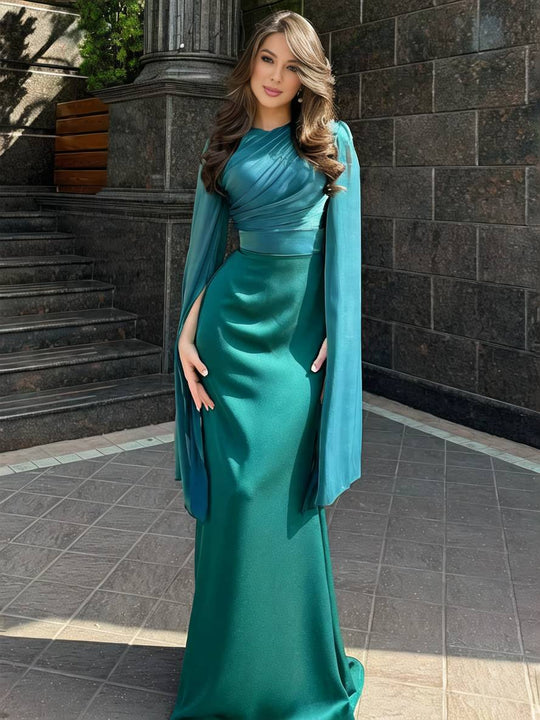 R&B | Langes Satin Kleid Enger Runder Ausschnitt Gesplittete Ärmel Lange Ärmel Damen Elegant Abend Ball Prom Zeremonie