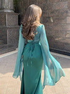 R&B | Langes Satin Kleid Enger Runder Ausschnitt Gesplittete Ärmel Lange Ärmel Damen Elegant Abend Ball Prom Zeremonie