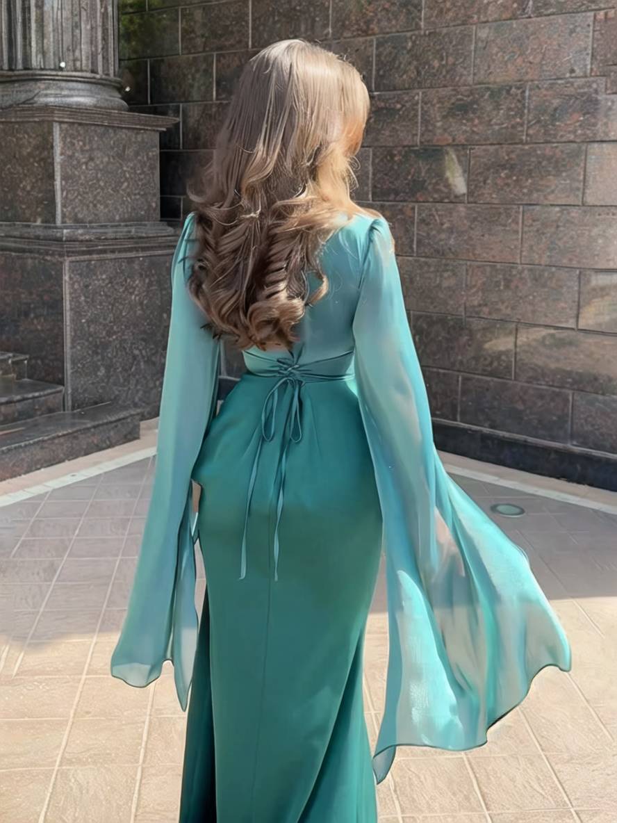 R&B | Langes Satin Kleid Enger Runder Ausschnitt Gesplittete Ärmel Lange Ärmel Damen Elegant Abend Ball Prom Zeremonie