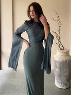 R&B | Langes Satin Kleid Enger Runder Ausschnitt Gesplittete Ärmel Lange Ärmel Damen Elegant Abend Ball Prom Zeremonie