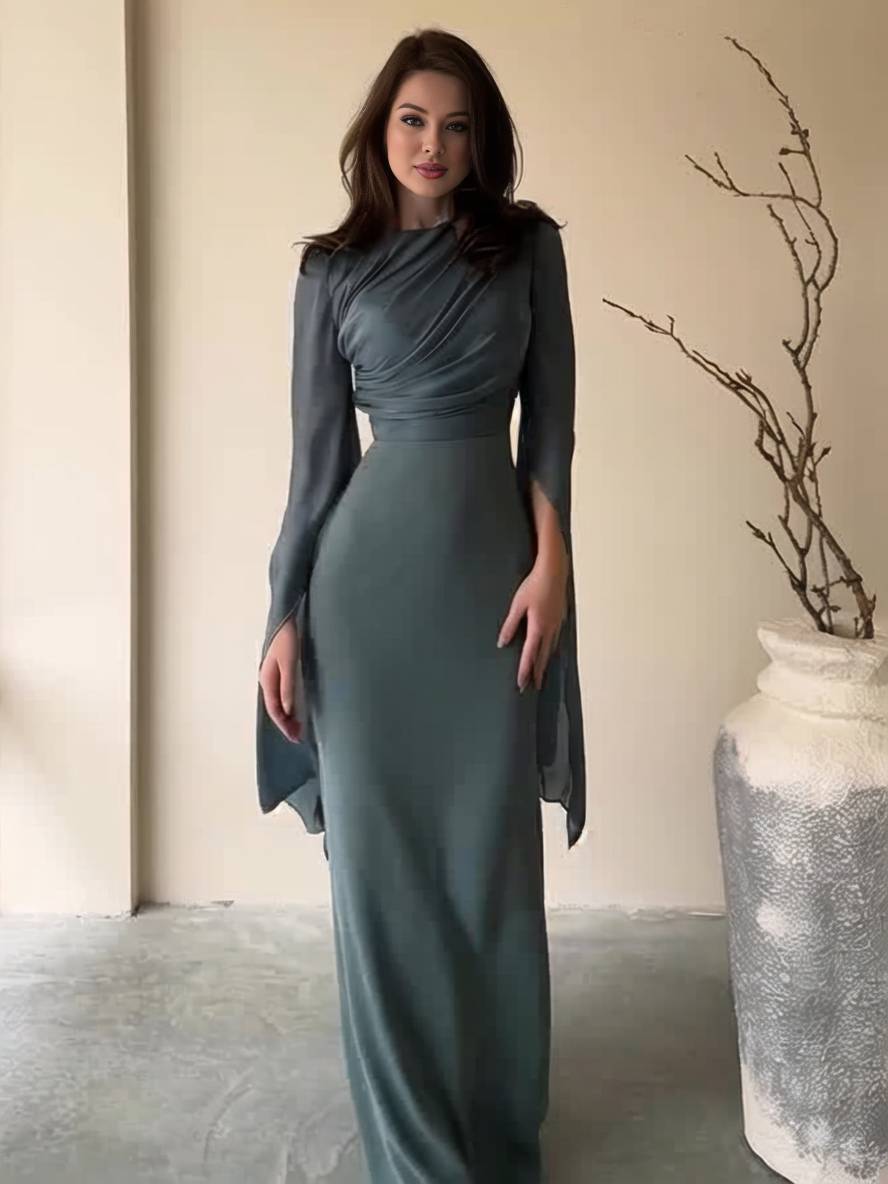 R&B | Langes Satin Kleid Enger Runder Ausschnitt Gesplittete Ärmel Lange Ärmel Damen Elegant Abend Ball Prom Zeremonie