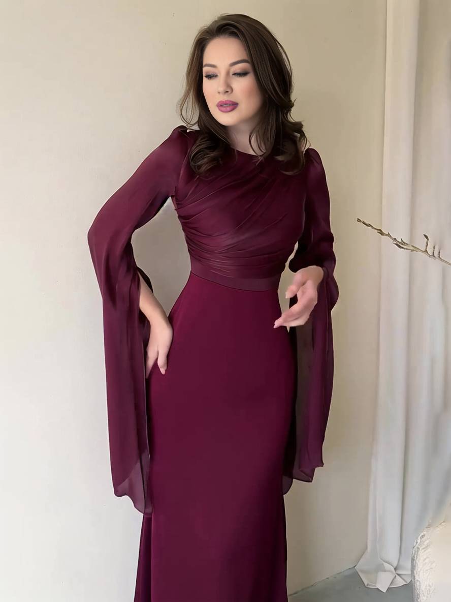 R&B | Langes Satin Kleid Enger Runder Ausschnitt Gesplittete Ärmel Lange Ärmel Damen Elegant Abend Ball Prom Zeremonie