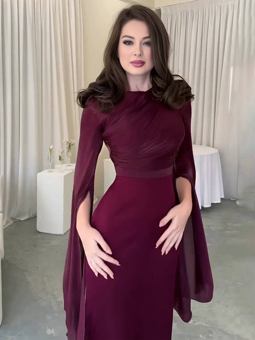 R&B | Langes Satin Kleid Enger Runder Ausschnitt Gesplittete Ärmel Lange Ärmel Damen Elegant Abend Ball Prom Zeremonie