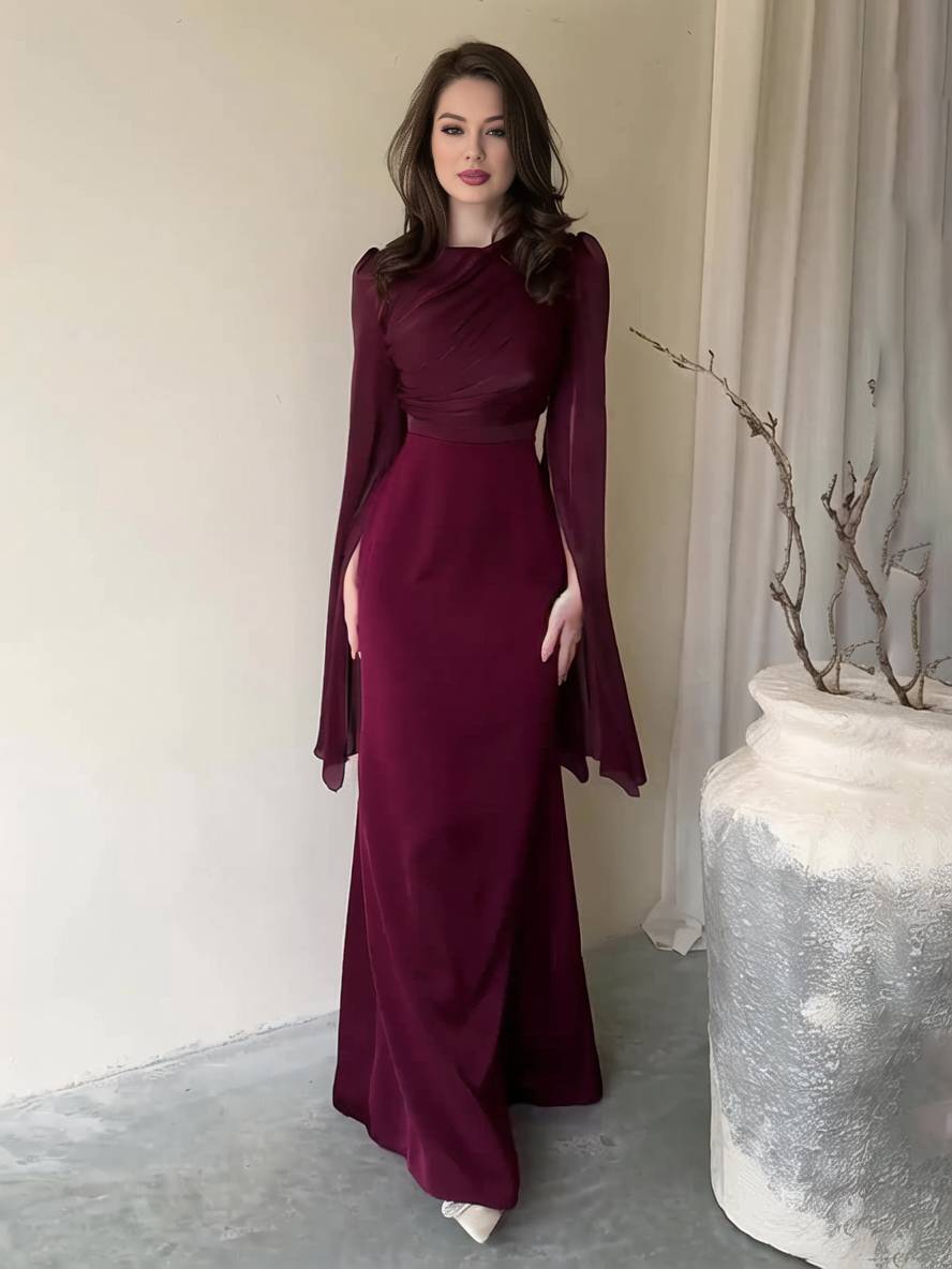 R&B | Langes Satin Kleid Enger Runder Ausschnitt Gesplittete Ärmel Lange Ärmel Damen Elegant Abend Ball Prom Zeremonie
