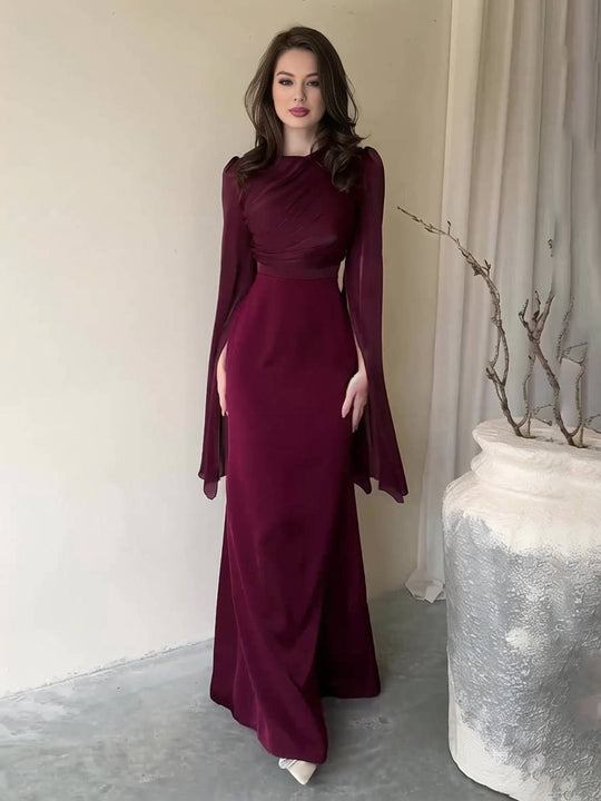 R&B | Langes Satin Kleid Enger Runder Ausschnitt Gesplittete Ärmel Lange Ärmel Damen Elegant Abend Ball Prom Zeremonie