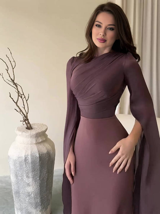 R&B | Langes Satin Kleid Enger Runder Ausschnitt Gesplittete Ärmel Lange Ärmel Damen Elegant Abend Ball Prom Zeremonie