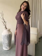 R&B | Langes Satin Kleid Enger Runder Ausschnitt Gesplittete Ärmel Lange Ärmel Damen Elegant Abend Ball Prom Zeremonie