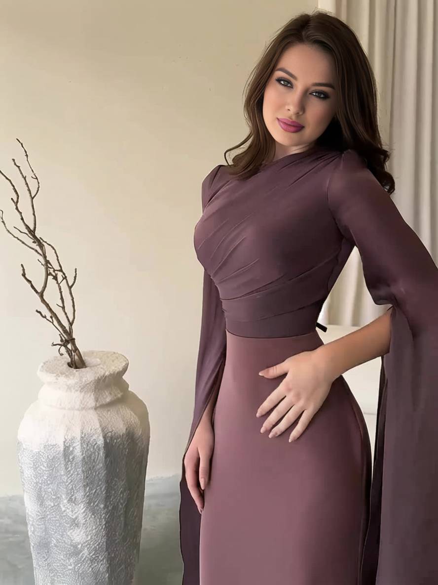 R&B | Langes Satin Kleid Enger Runder Ausschnitt Gesplittete Ärmel Lange Ärmel Damen Elegant Abend Ball Prom Zeremonie