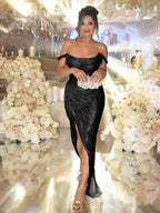R&B | Langes Kleid Glänzende Pailletten Boot-Ausschnitt Unregelmäßiger Schlitz Seitlich Ärmellos Elegant Abend für Hochzeit