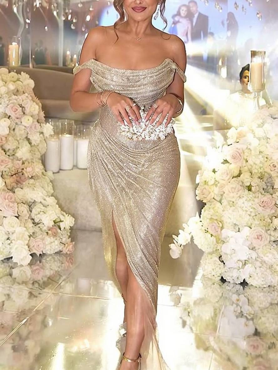 R&B | Langes Kleid Glänzende Pailletten Boot-Ausschnitt Unregelmäßiger Schlitz Seitlich Ärmellos Elegant Abend für Hochzeit