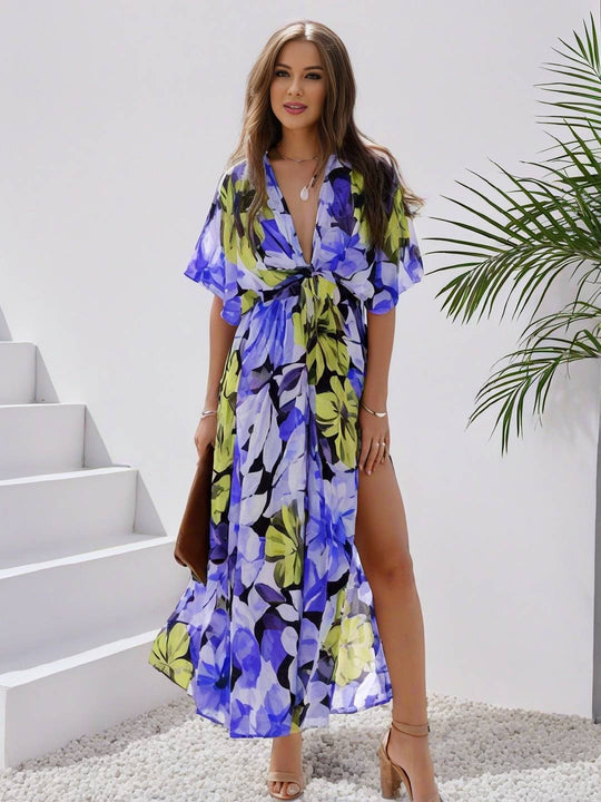 R&B | Langes Bohemian Kleid mit Blumenmuster V-Ausschnitt Schlitz Ärmel Bis Zum Ellenbogen Damen Boho Casual Weit Hawaiiansches Strandkleid