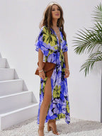 R&B | Langes Bohemian Kleid mit Blumenmuster V-Ausschnitt Schlitz Ärmel Bis Zum Ellenbogen Damen Boho Casual Weit Hawaiiansches Strandkleid
