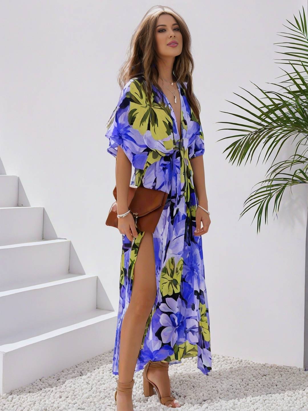 R&B | Langes Bohemian Kleid mit Blumenmuster V-Ausschnitt Schlitz Ärmel Bis Zum Ellenbogen Damen Boho Casual Weit Hawaiiansches Strandkleid