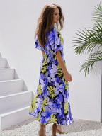 R&B | Langes Bohemian Kleid mit Blumenmuster V-Ausschnitt Schlitz Ärmel Bis Zum Ellenbogen Damen Boho Casual Weit Hawaiiansches Strandkleid