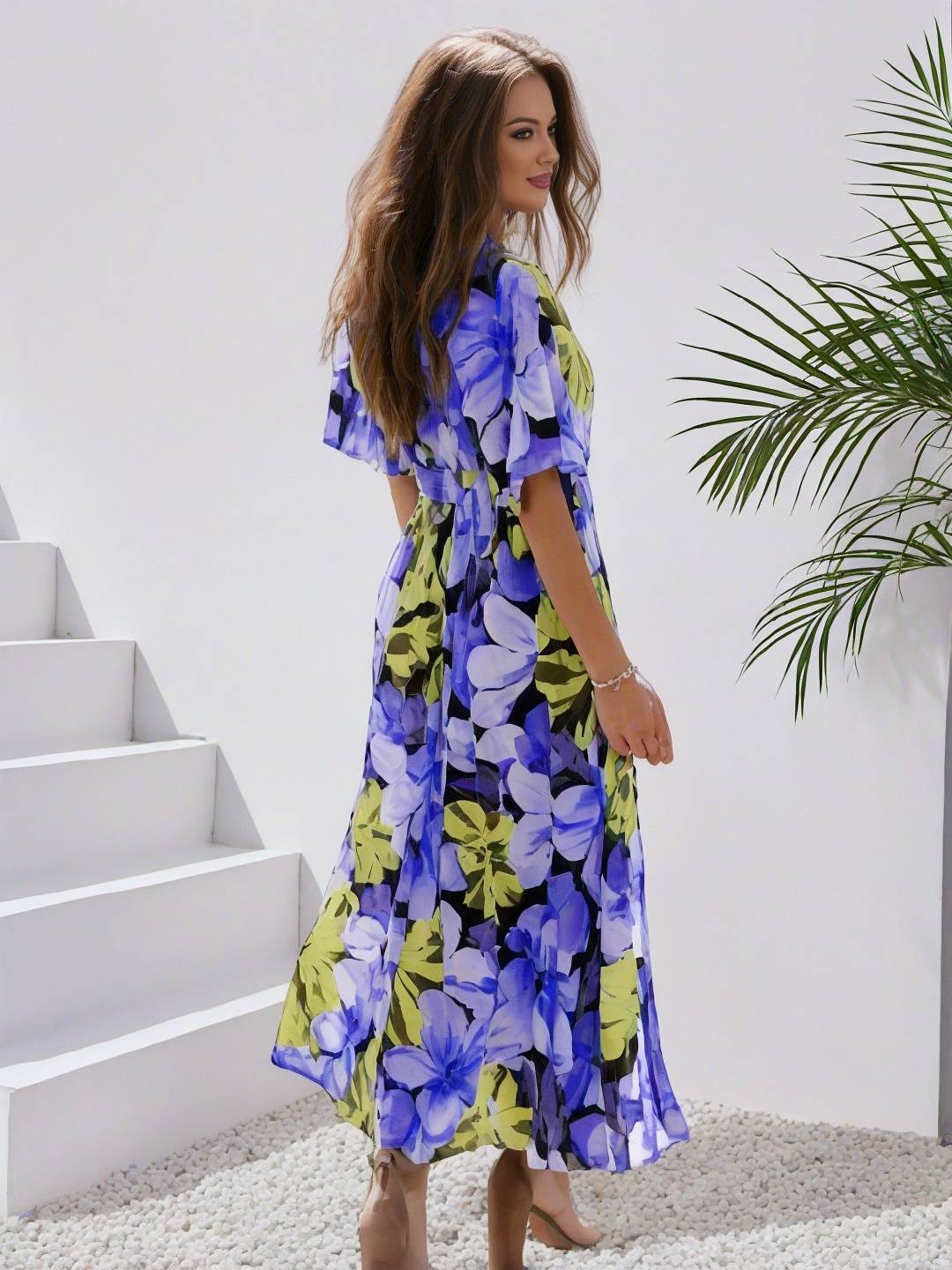 R&B | Langes Bohemian Kleid mit Blumenmuster V-Ausschnitt Schlitz Ärmel Bis Zum Ellenbogen Damen Boho Casual Weit Hawaiiansches Strandkleid