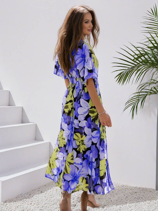 R&B | Langes Bohemian Kleid mit Blumenmuster V-Ausschnitt Schlitz Ärmel Bis Zum Ellenbogen Damen Boho Casual Weit Hawaiiansches Strandkleid