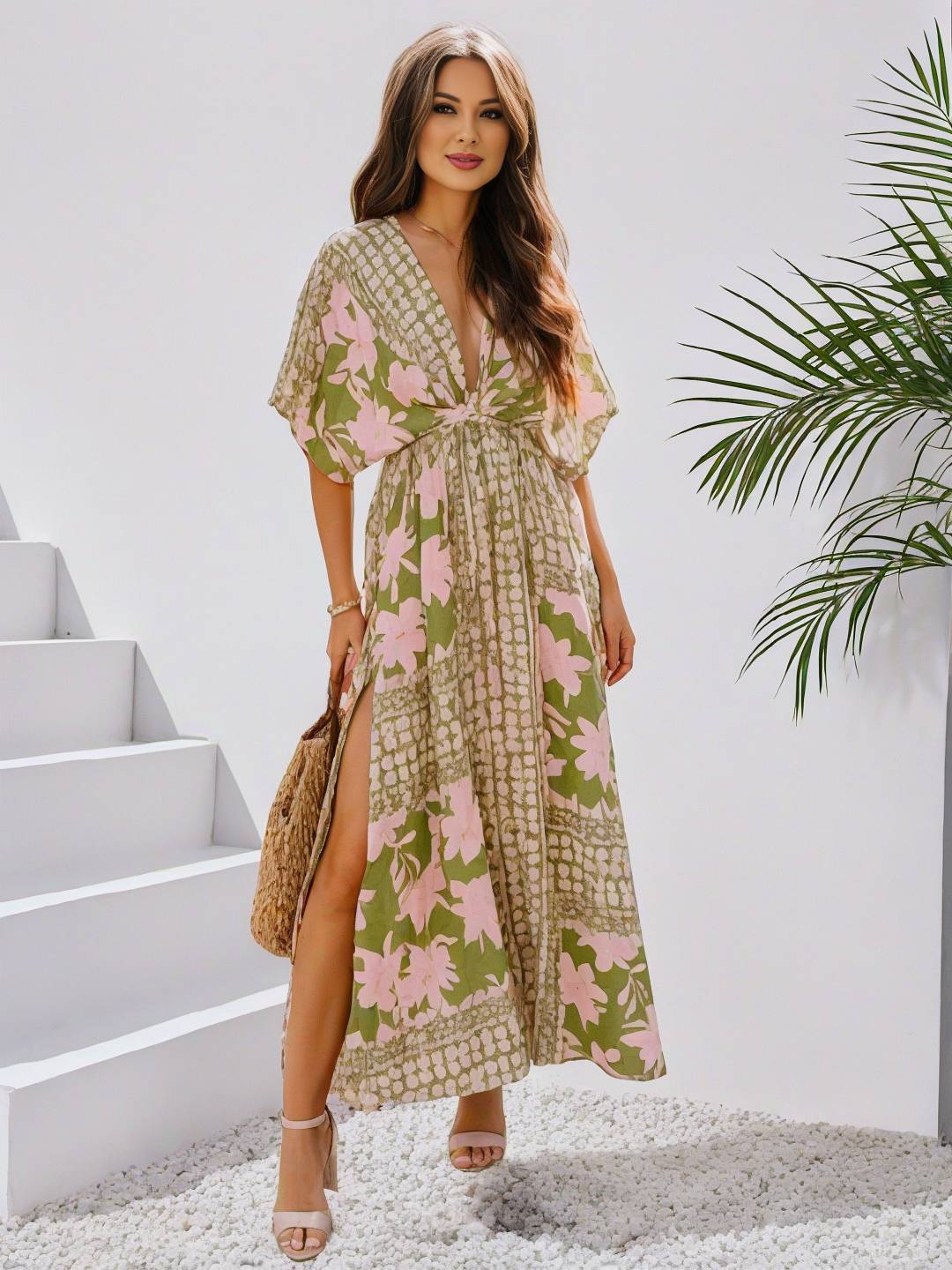 R&B | Langes Bohemian Kleid mit Blumenmuster V-Ausschnitt Schlitz Ärmel Bis Zum Ellenbogen Damen Boho Casual Weit Hawaiiansches Strandkleid