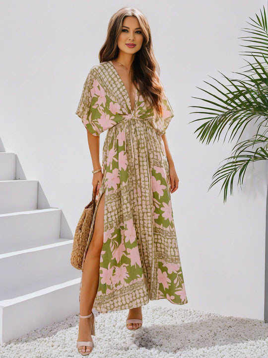 R&B | Langes Bohemian Kleid mit Blumenmuster V-Ausschnitt Schlitz Ärmel Bis Zum Ellenbogen Damen Boho Casual Weit Hawaiiansches Strandkleid