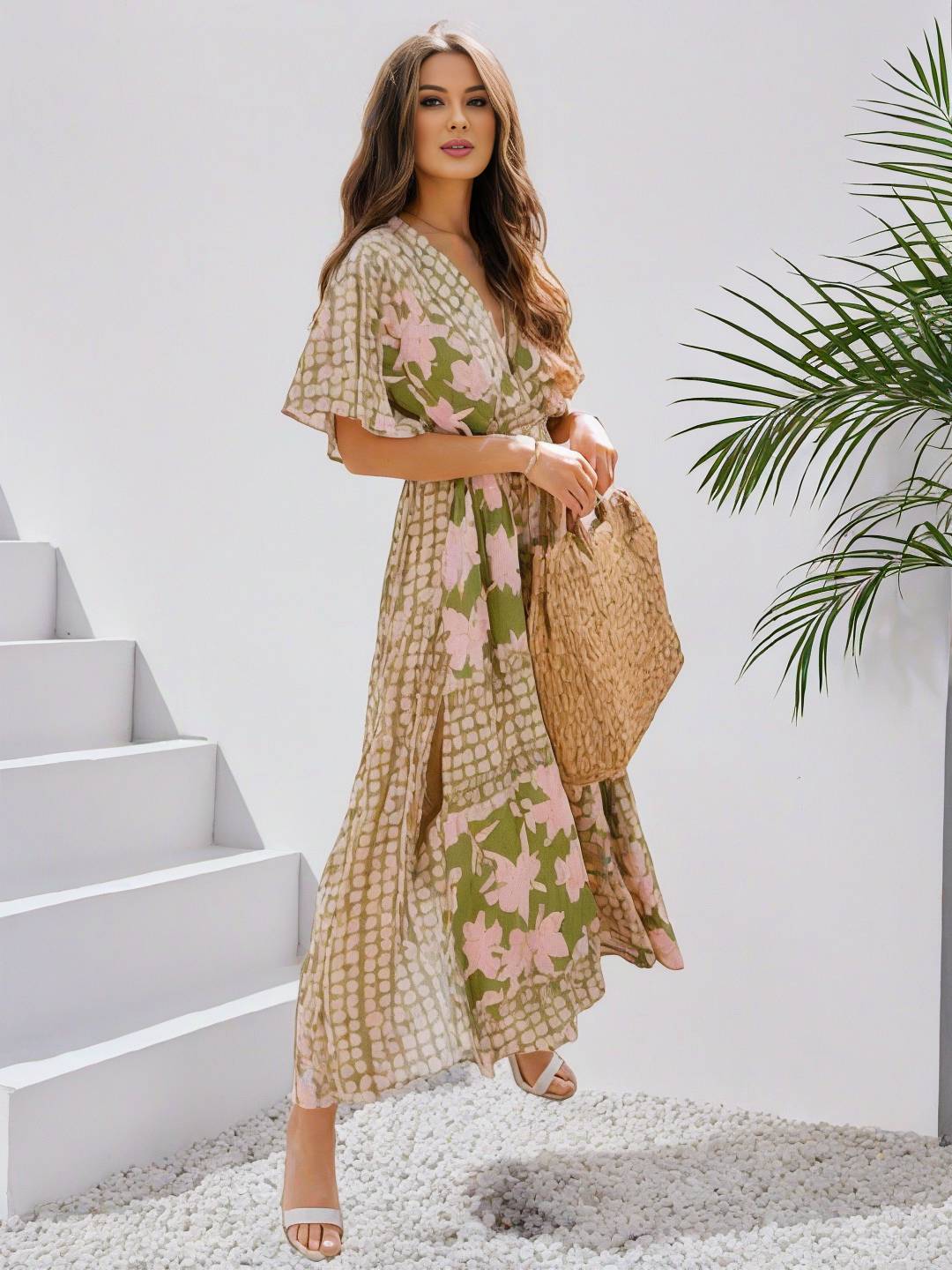 R&B | Langes Bohemian Kleid mit Blumenmuster V-Ausschnitt Schlitz Ärmel Bis Zum Ellenbogen Damen Boho Casual Weit Hawaiiansches Strandkleid