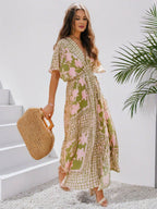R&B | Langes Bohemian Kleid mit Blumenmuster V-Ausschnitt Schlitz Ärmel Bis Zum Ellenbogen Damen Boho Casual Weit Hawaiiansches Strandkleid