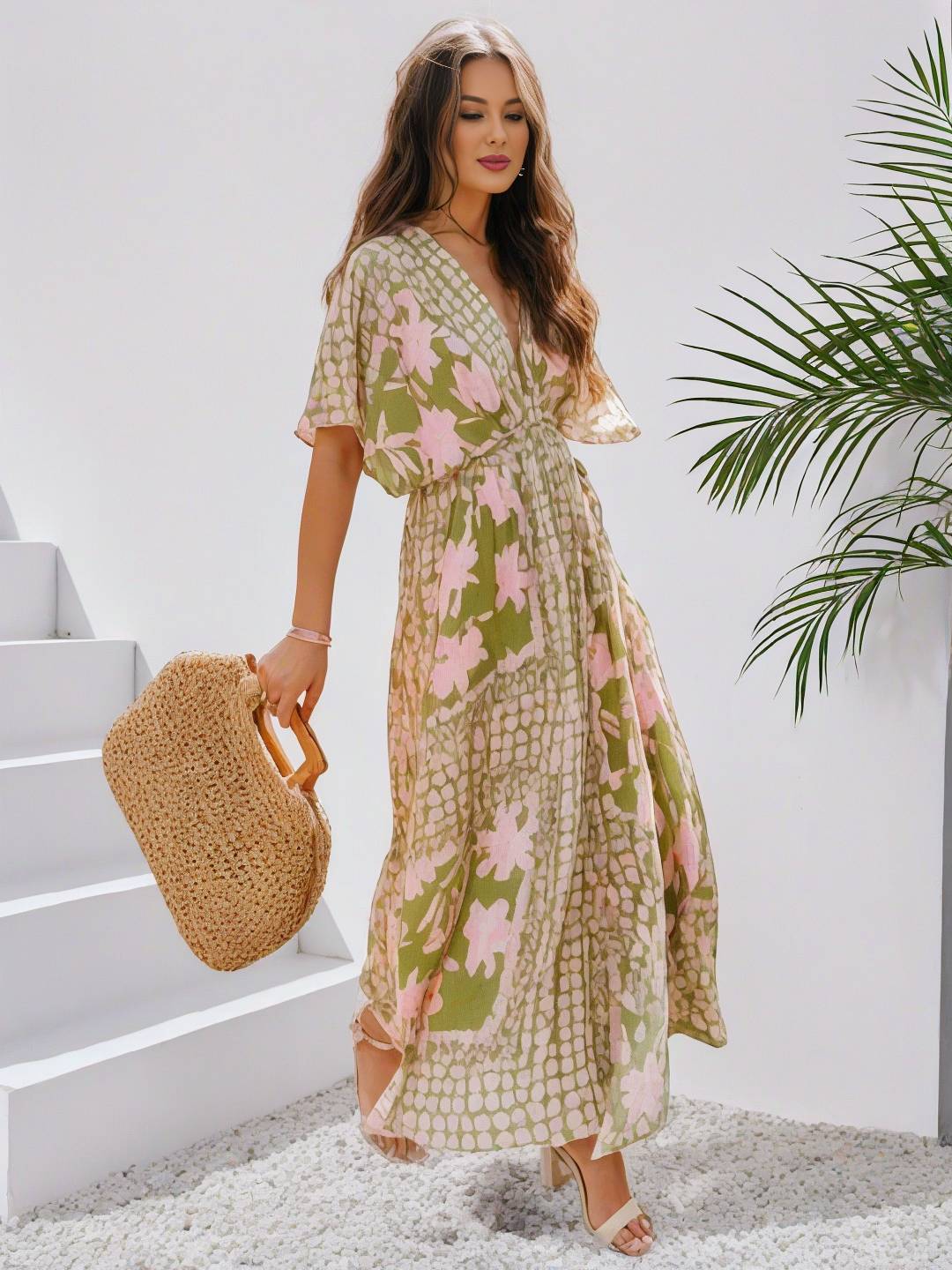 R&B | Langes Bohemian Kleid mit Blumenmuster V-Ausschnitt Schlitz Ärmel Bis Zum Ellenbogen Damen Boho Casual Weit Hawaiiansches Strandkleid
