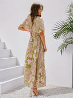 R&B | Langes Bohemian Kleid mit Blumenmuster V-Ausschnitt Schlitz Ärmel Bis Zum Ellenbogen Damen Boho Casual Weit Hawaiiansches Strandkleid