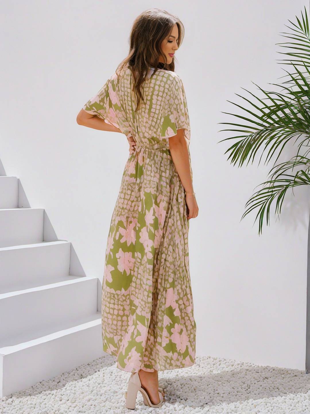R&B | Langes Bohemian Kleid mit Blumenmuster V-Ausschnitt Schlitz Ärmel Bis Zum Ellenbogen Damen Boho Casual Weit Hawaiiansches Strandkleid