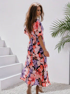 R&B | Langes Bohemian Kleid mit Blumenmuster V-Ausschnitt Schlitz Ärmel Bis Zum Ellenbogen Damen Boho Casual Weit Hawaiiansches Strandkleid
