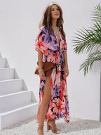 R&B | Langes Bohemian Kleid mit Blumenmuster V-Ausschnitt Schlitz Ärmel Bis Zum Ellenbogen Damen Boho Casual Weit Hawaiiansches Strandkleid
