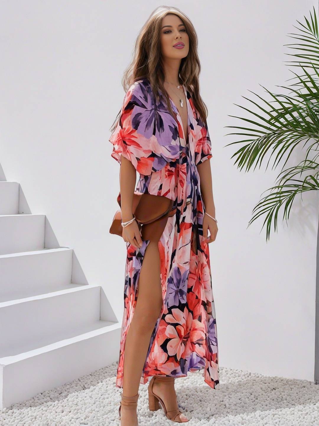 R&B | Langes Bohemian Kleid mit Blumenmuster V-Ausschnitt Schlitz Ärmel Bis Zum Ellenbogen Damen Boho Casual Weit Hawaiiansches Strandkleid