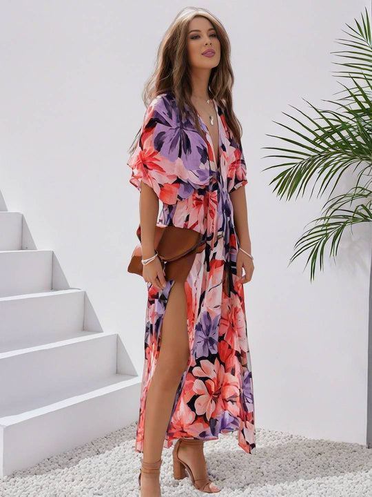 R&B | Langes Bohemian Kleid mit Blumenmuster V-Ausschnitt Schlitz Ärmel Bis Zum Ellenbogen Damen Boho Casual Weit Hawaiiansches Strandkleid