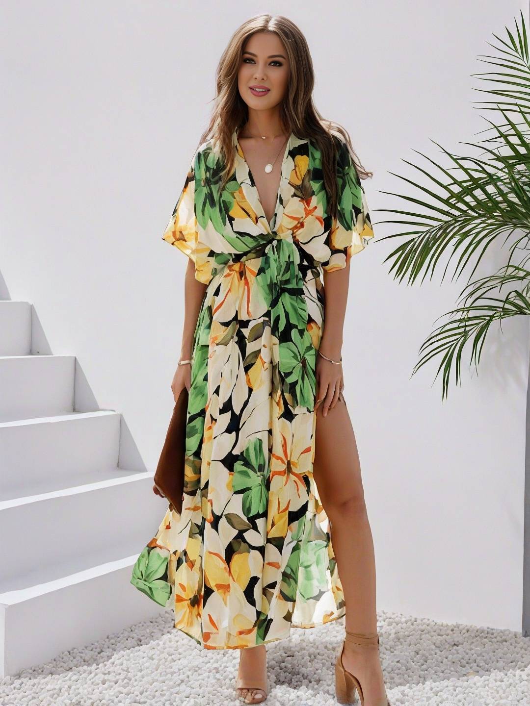 R&B | Langes Bohemian Kleid mit Blumenmuster V-Ausschnitt Schlitz Ärmel Bis Zum Ellenbogen Damen Boho Casual Weit Hawaiiansches Strandkleid