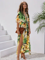R&B | Langes Bohemian Kleid mit Blumenmuster V-Ausschnitt Schlitz Ärmel Bis Zum Ellenbogen Damen Boho Casual Weit Hawaiiansches Strandkleid
