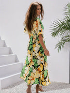 R&B | Langes Bohemian Kleid mit Blumenmuster V-Ausschnitt Schlitz Ärmel Bis Zum Ellenbogen Damen Boho Casual Weit Hawaiiansches Strandkleid