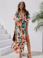 R&B | Langes Bohemian Kleid mit Blumenmuster V-Ausschnitt Schlitz Ärmel Bis Zum Ellenbogen Damen Boho Casual Weit Hawaiiansches Strandkleid