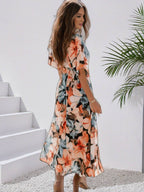 R&B | Langes Bohemian Kleid mit Blumenmuster V-Ausschnitt Schlitz Ärmel Bis Zum Ellenbogen Damen Boho Casual Weit Hawaiiansches Strandkleid