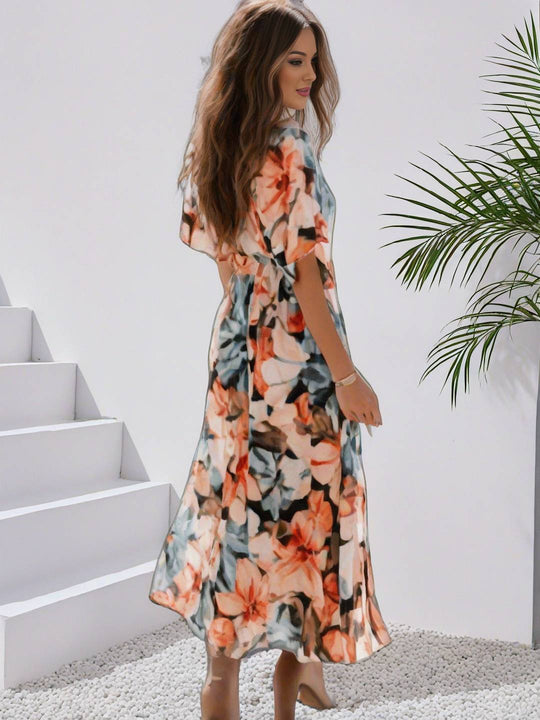 R&B | Langes Bohemian Kleid mit Blumenmuster V-Ausschnitt Schlitz Ärmel Bis Zum Ellenbogen Damen Boho Casual Weit Hawaiiansches Strandkleid
