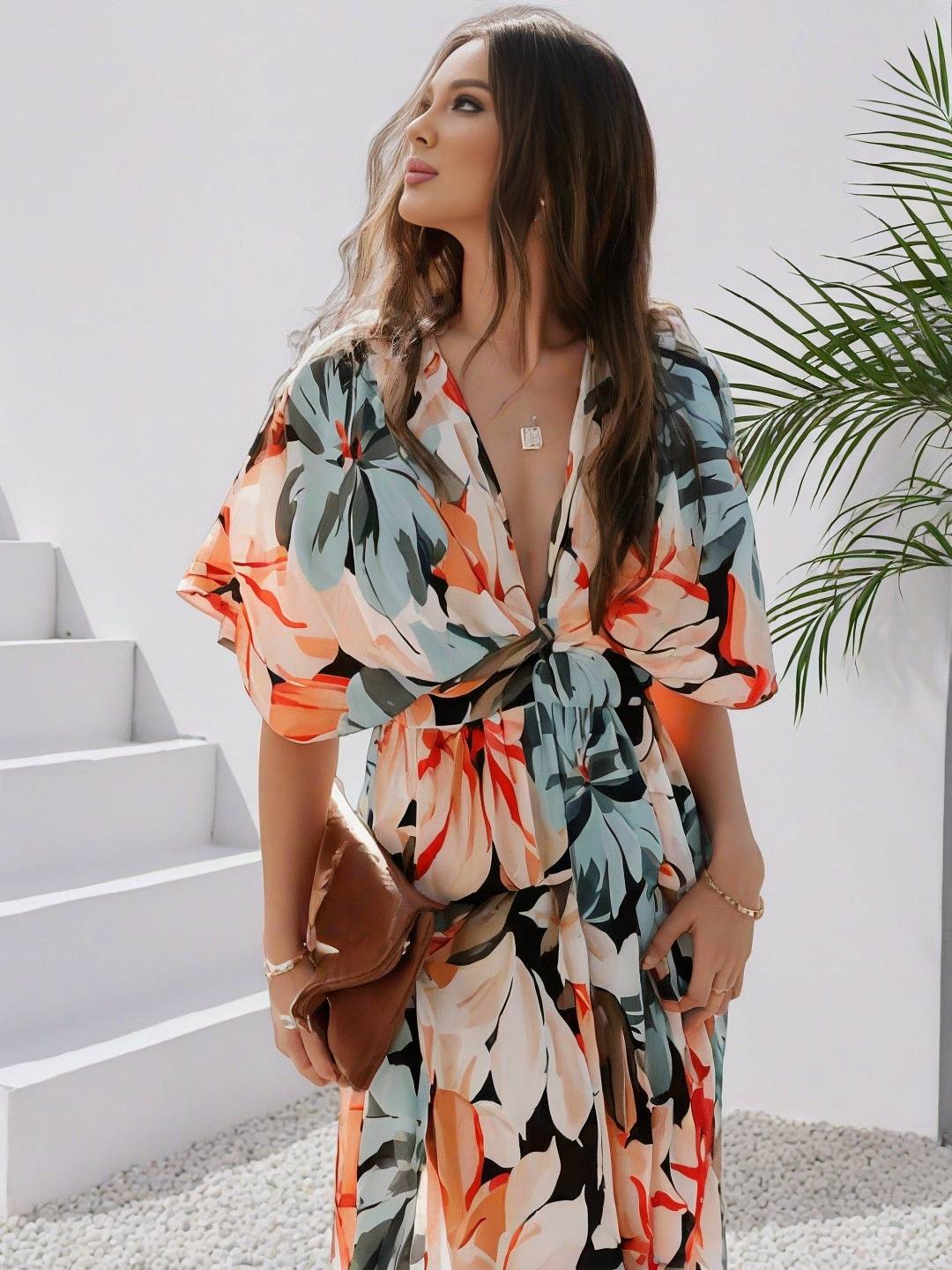 R&B | Langes Bohemian Kleid mit Blumenmuster V-Ausschnitt Schlitz Ärmel Bis Zum Ellenbogen Damen Boho Casual Weit Hawaiiansches Strandkleid