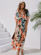 R&B | Langes Bohemian Kleid mit Blumenmuster V-Ausschnitt Schlitz Ärmel Bis Zum Ellenbogen Damen Boho Casual Weit Hawaiiansches Strandkleid