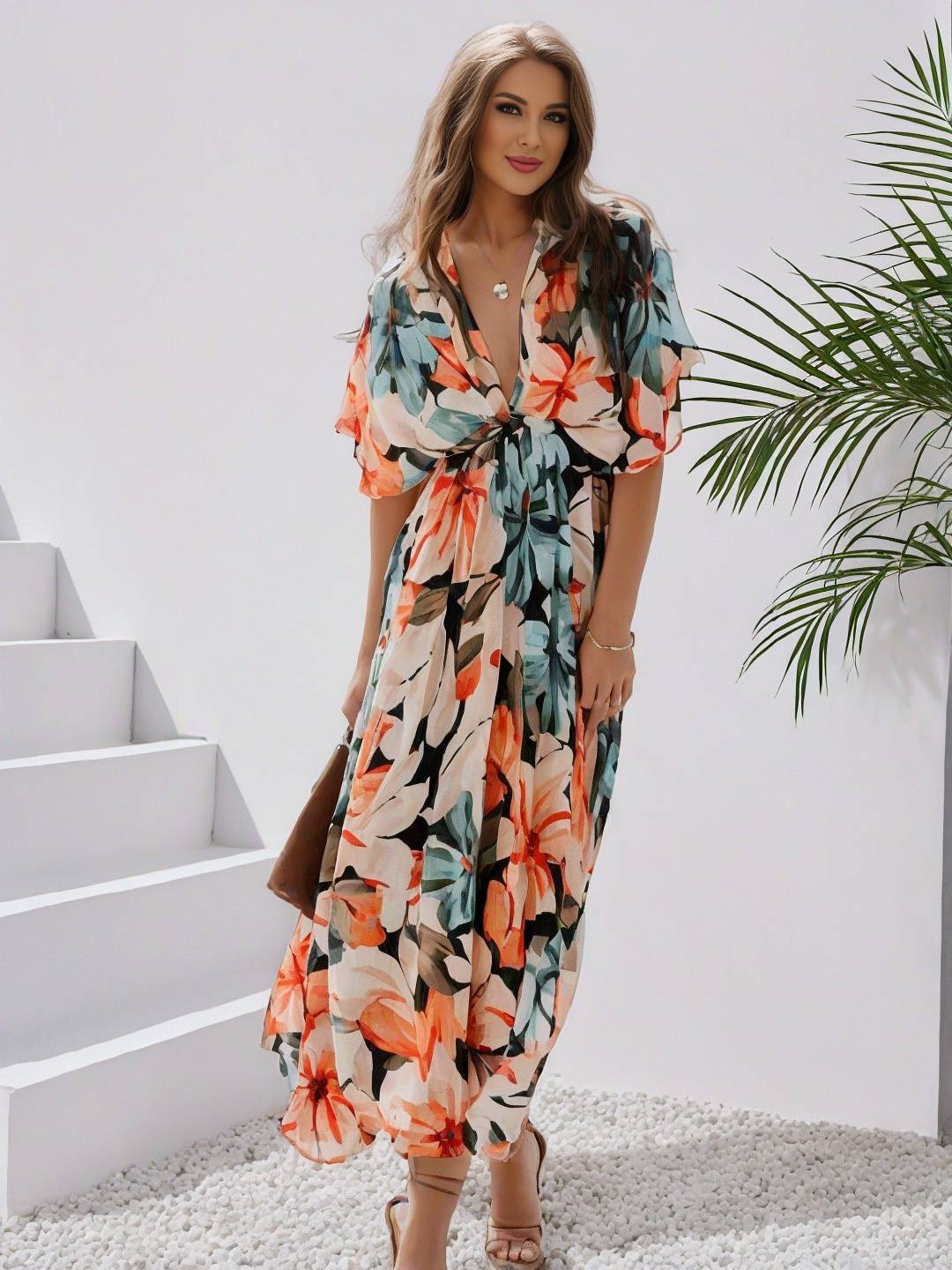 R&B | Langes Bohemian Kleid mit Blumenmuster V-Ausschnitt Schlitz Ärmel Bis Zum Ellenbogen Damen Boho Casual Weit Hawaiiansches Strandkleid
