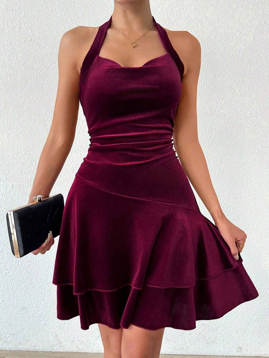 R&B | Kurz Enges Trapezkleid Neckholder Rückenausschnitt mit Volant Ärmellos Elegante Damen Abschlussball Cocktailkleid