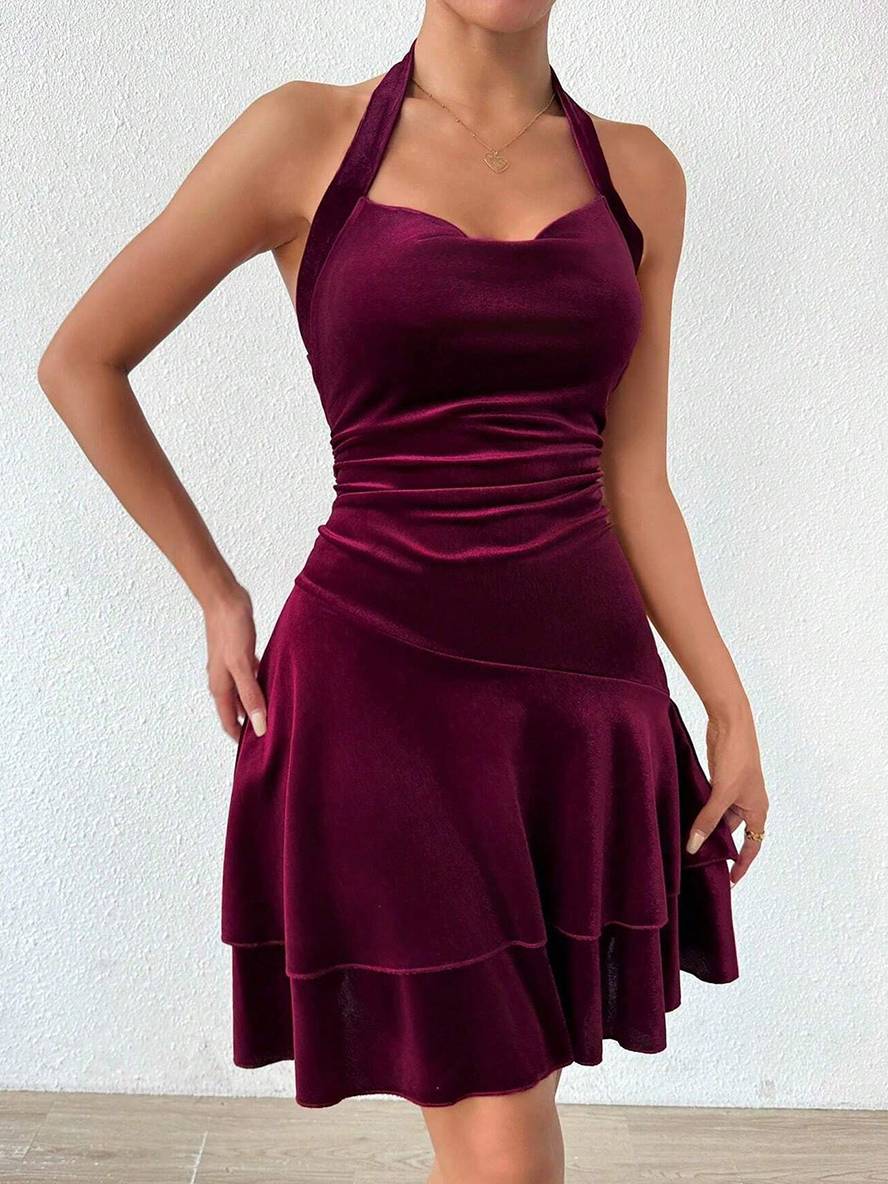 R&B | Kurz Enges Trapezkleid Neckholder Rückenausschnitt mit Volant Ärmellos Elegante Damen Abschlussball Cocktailkleid