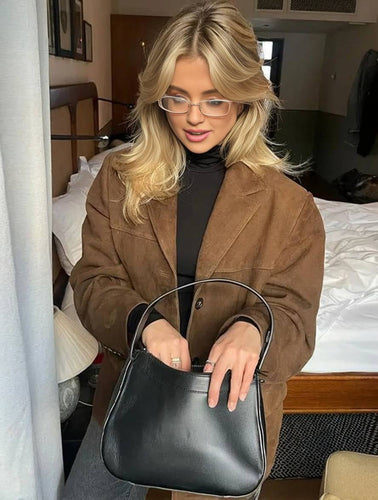 R&B | Blazer Wildleder Knopf Taschen Lange Ärmel Damen Elegant Vintage Lässig Wildlederjacke