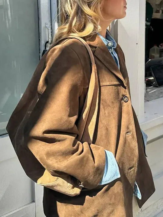 R&B | Blazer Wildleder Knopf Taschen Lange Ärmel Damen Elegant Vintage Lässig Wildlederjacke