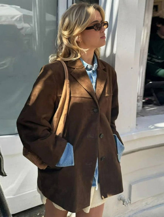 R&B | Blazer Wildleder Knopf Taschen Lange Ärmel Damen Elegant Vintage Lässig Wildlederjacke