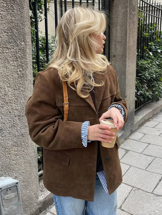 R&B | Blazer Wildleder Knopf Taschen Lange Ärmel Damen Elegant Vintage Lässig Wildlederjacke