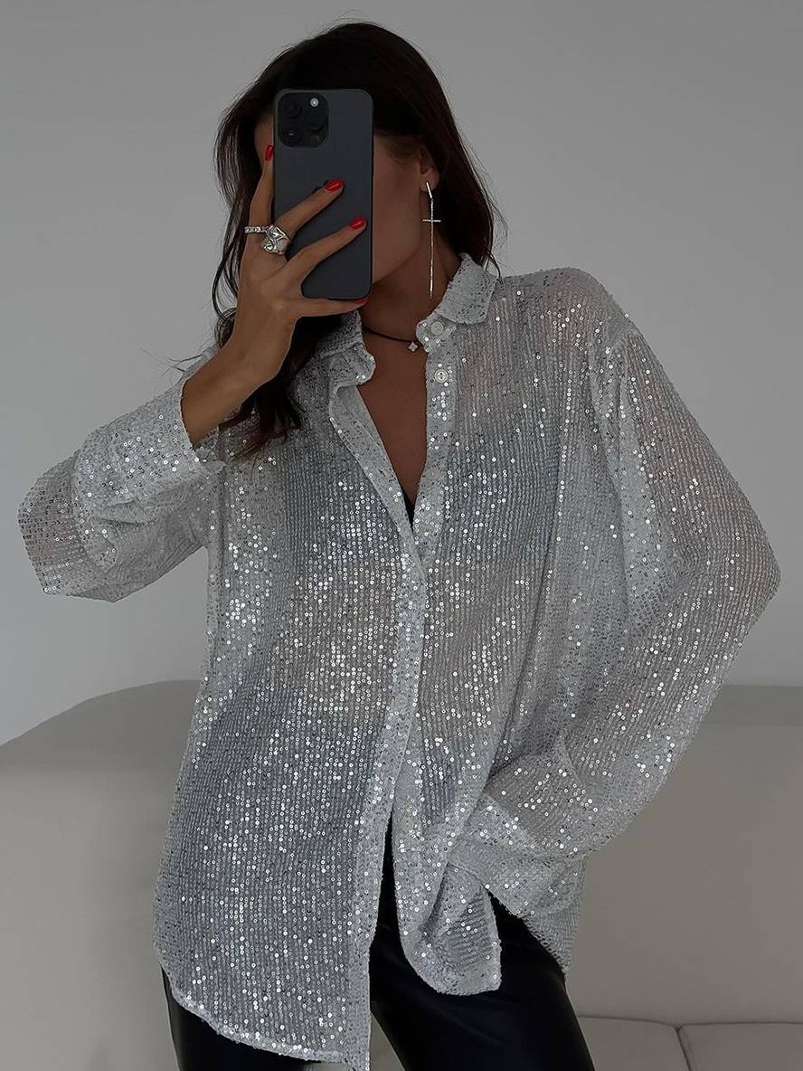R&B | Bluse Brillante Pailletten Hemd Kragen Hemd Lange Ärmel Damen Elegant Lässig Oversized