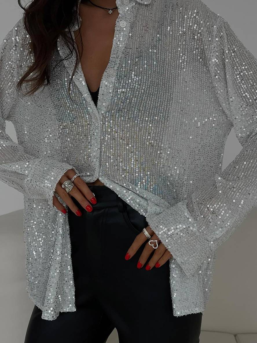 R&B | Bluse Brillante Pailletten Hemd Kragen Hemd Lange Ärmel Damen Elegant Lässig Oversized
