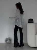 R&B | Bluse Brillante Pailletten Hemd Kragen Hemd Lange Ärmel Damen Elegant Lässig Oversized